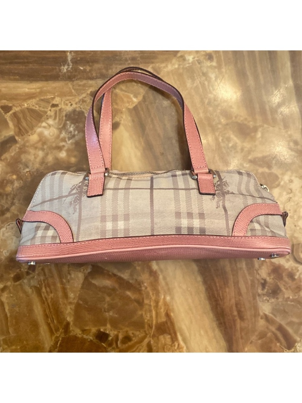Burberry Beige Check Shoulder Bag with Pink Leather Trim